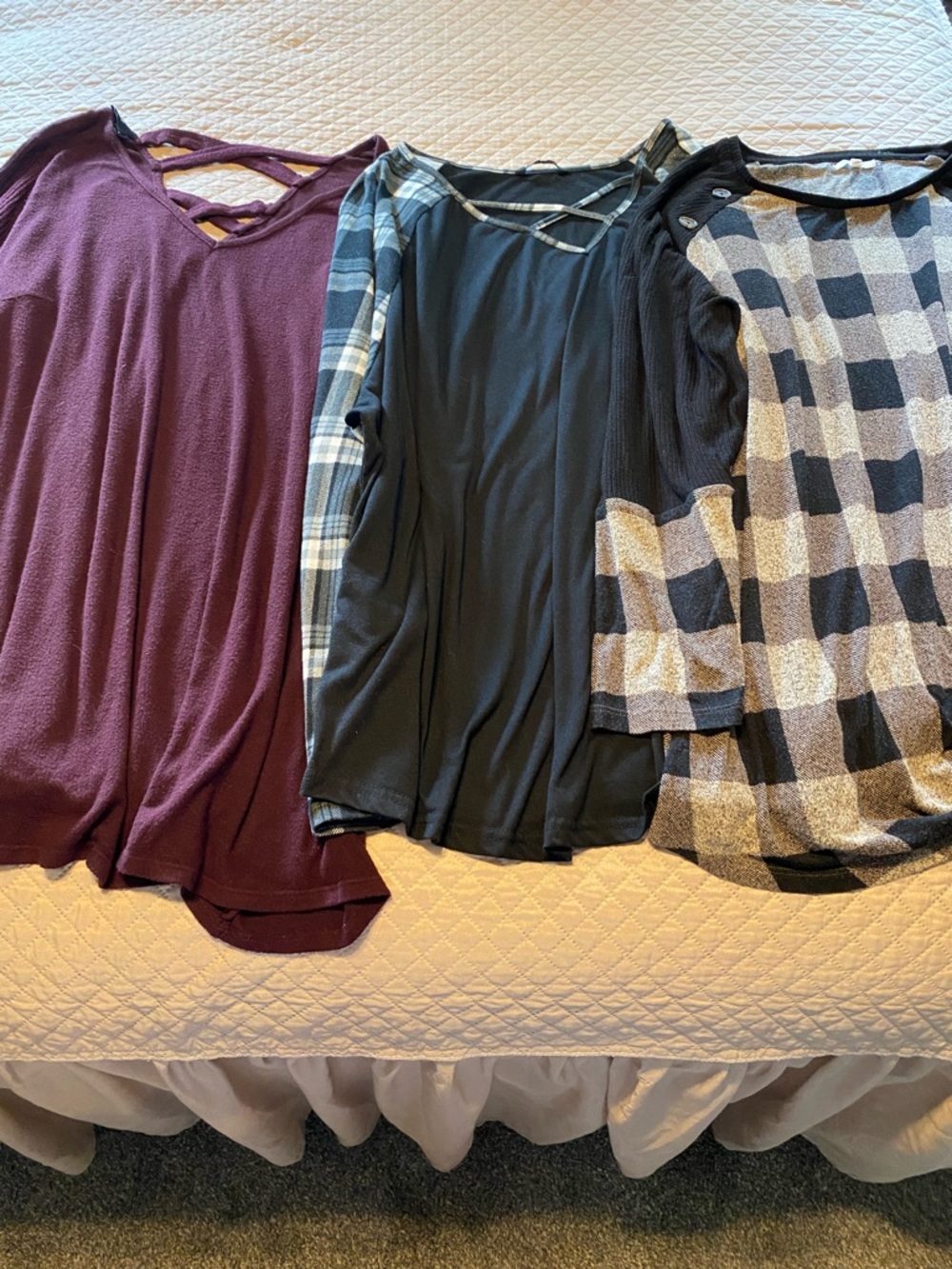 Women’s Crisscross Neck Long-Sleeve Top - Black, Burgundy, Gray Plaid